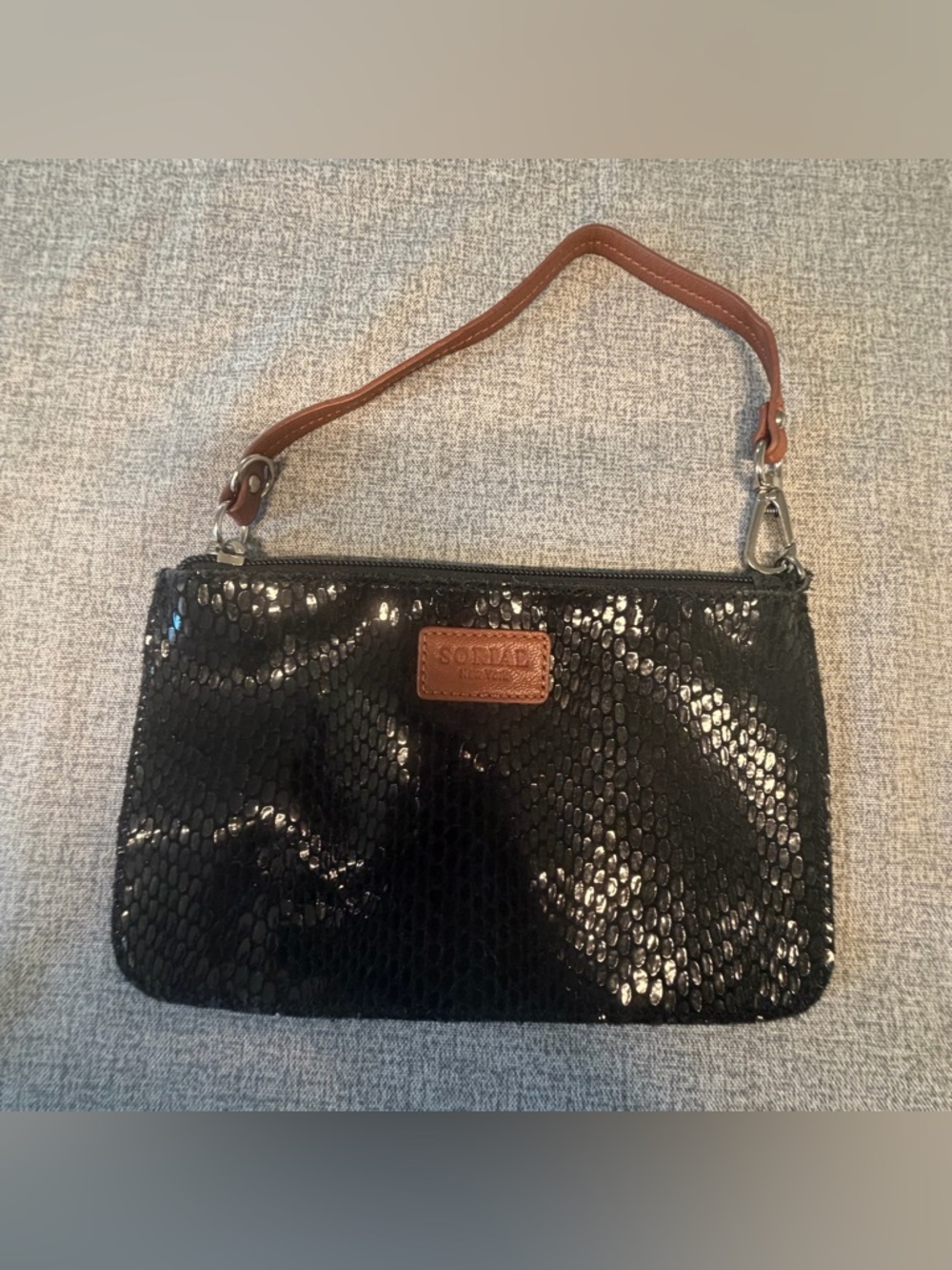 Sorial Black sequined wristlet  with Brown Leather Strap